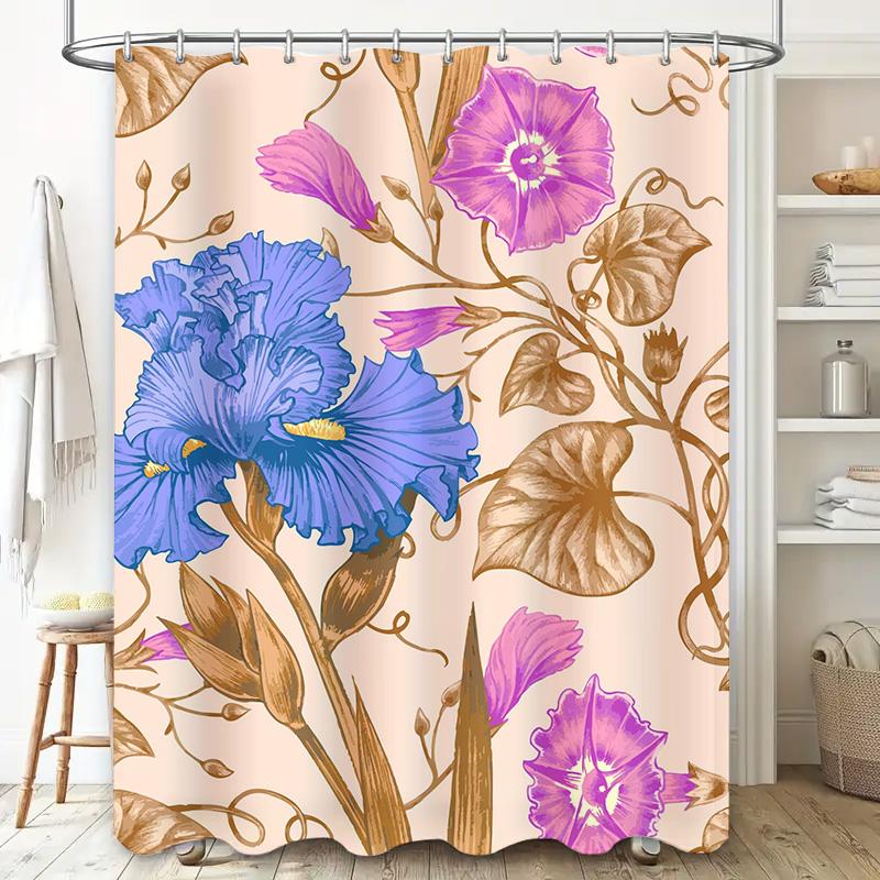 Vibrant Floral Shower Curtain Pink Purple Blue Gold Leaves Decorative Bathtub Waterproof Bath Rug Decoration for Home Bathroom S
