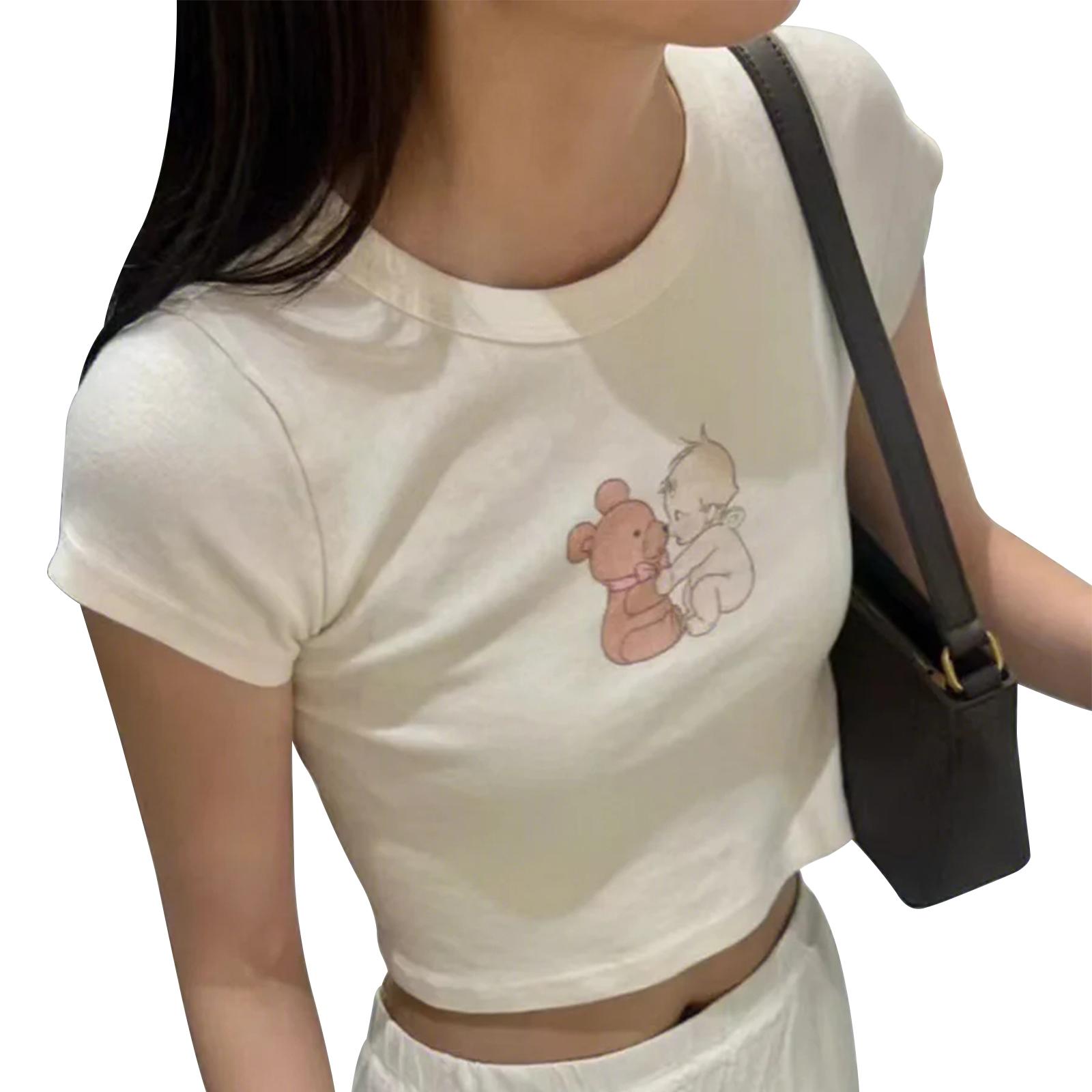 

Женские топы с круглым вырезом, повседневные, с коротким рукавом, с принтом фруктов/капусты/медведя, облегающие, укороченные футболки, уличная одежда L золотой