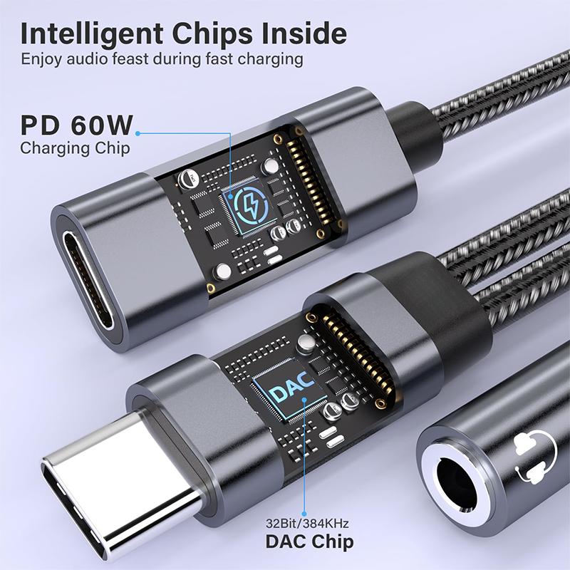 2 In 1 Type C Audio Adapter PD 60W Fast Charging USB C To 3.5mm Jack Adapter for 15/16 Samsung Huawei