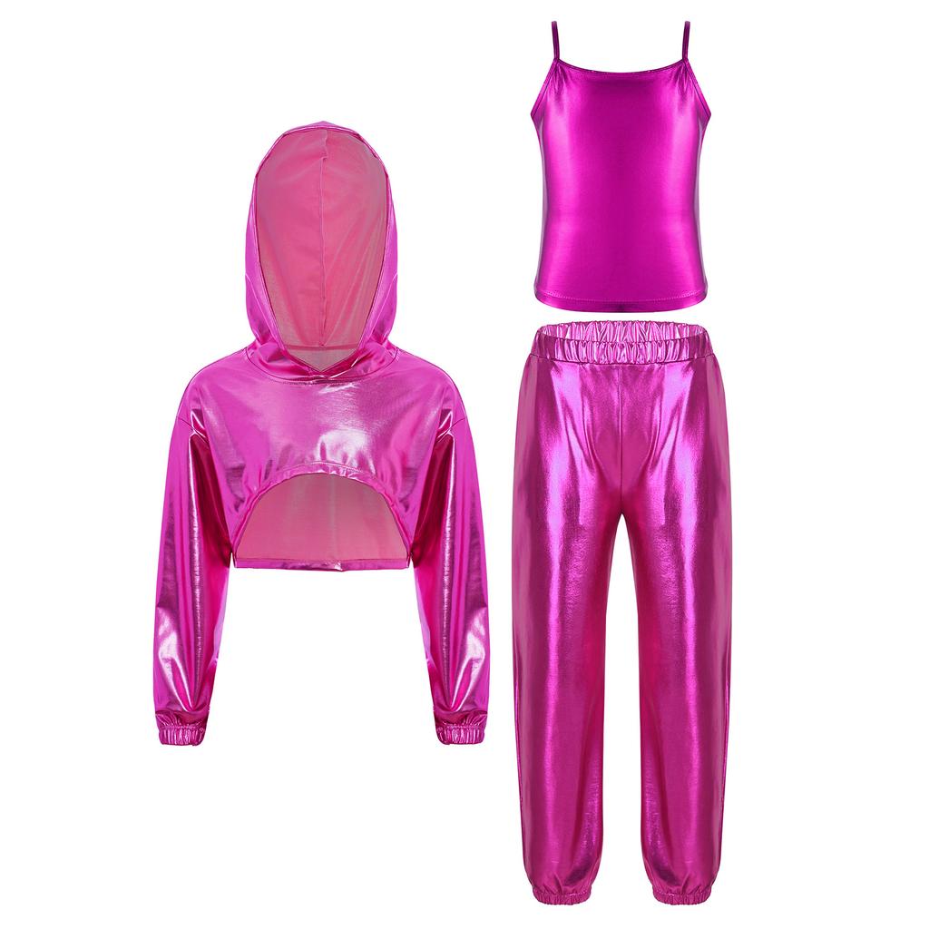 Mädchen Langarm-Hoodie mit asymmetrischem Saum, Metallic-Schnitt, Hip-Hop-Jazz-Set, Spaghettiträger-Top und glänzender Hose