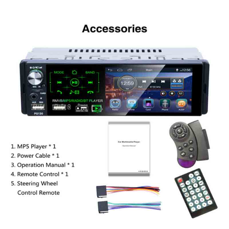 

1 DIN 4,1-дюймовый MP5-плеер Автомагнитола Авторадио HD Сенсорный экран MP5 RDS Радио Поддержка Камеры заднего вида FM BT USB Пульт дистанционного управления на руле чёрный