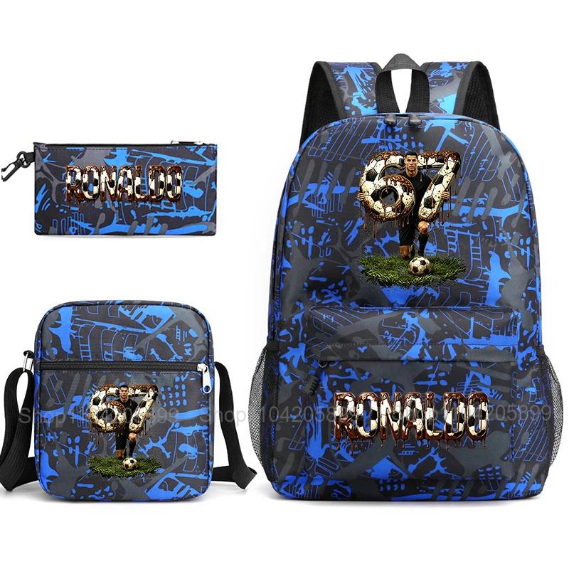 CR7 Ronaldo Backpack Football 67 Print School Bag With Shoulder Bag & Pencil Case For Student Boys Gift Daily Travel Rucksack