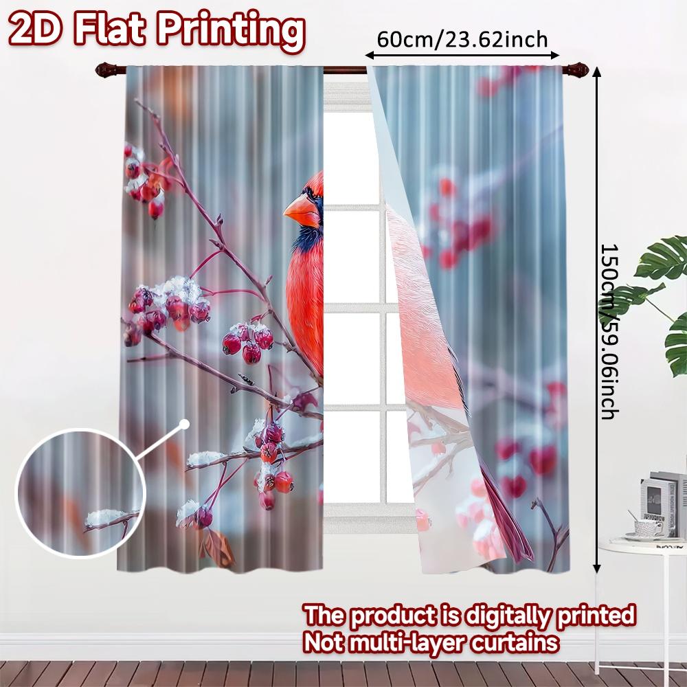 2 st, 2D FLATTRYCKTA Gardiner (Utan stång) Vinter Kardinal Populära Gardiner&Draperier Festivaltryck Ljusfiltrerande Gardiner