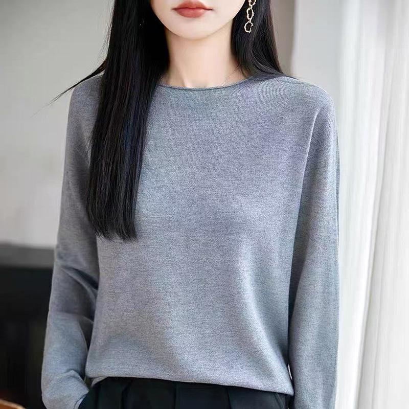 2026 Autumn Women's Wool Blend Rolled Edge Round Neck Knitwear Sweater Long Sleeve Seamless Design