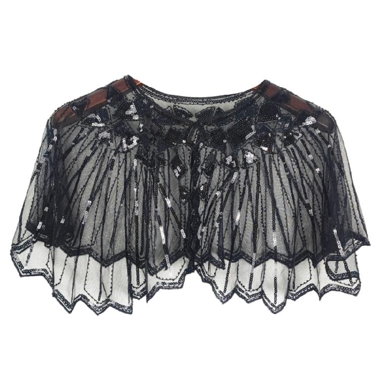 Delicate Sequins Adorned Capelet Shoulder Wrap Breathable Mesh Fabric Scarf Shawl With Intricated Beadwork Design