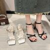 White French High Heels, Thin Heels, Square Toes, One-word Sandals, Summer 22 Years Old