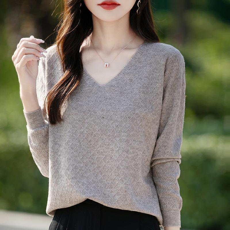 Autumn 2024 Women's Knitted V-Neck Sweater - Long-Sleeved Velvet Prismatic Korean Style