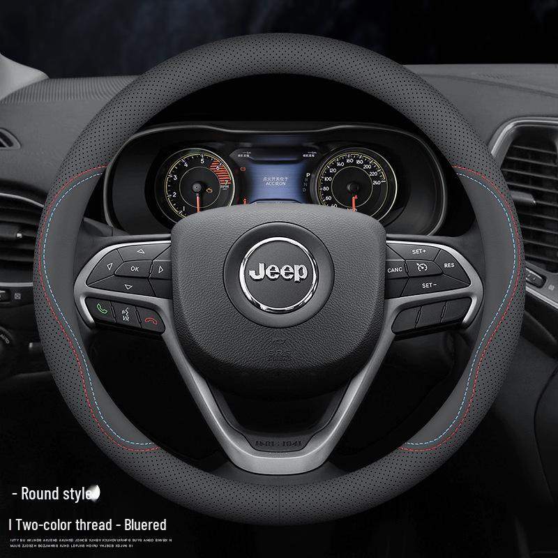 Universal Genuine Leather Steering Wheel Cover for Jeep Cherokee, Wrangler, Compass, Renegade - All-Season Use