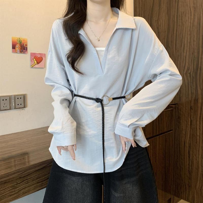 Korean Style Right Shoulder Long Sleeve Shirt for Women Spring and Autumn New Style Commuting All-match Waist Top