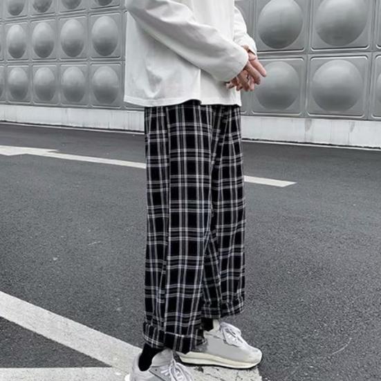 Men Pants Plaid Streetwear Wide Leg Elastic Waist Loose Sports Pants Trousers for Autumn