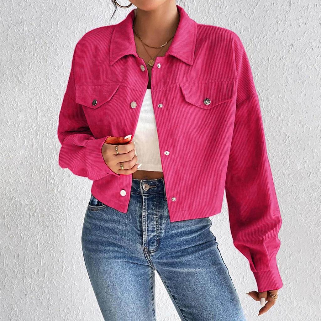 Womens Fashion Cropped Shacket Button Down Corduroy Shirt Jackets Casual Long Sleeve Crop Tops Trendy Fall Outfit