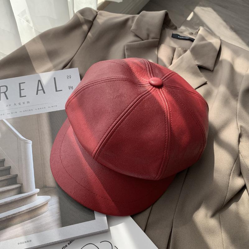 

Autumn Winter PU Leather Beret Vintage Newsboy Cap Fashion Pumpkin Hat for Women Warm Retro Artist Baker Boy Hat Adjustable красный