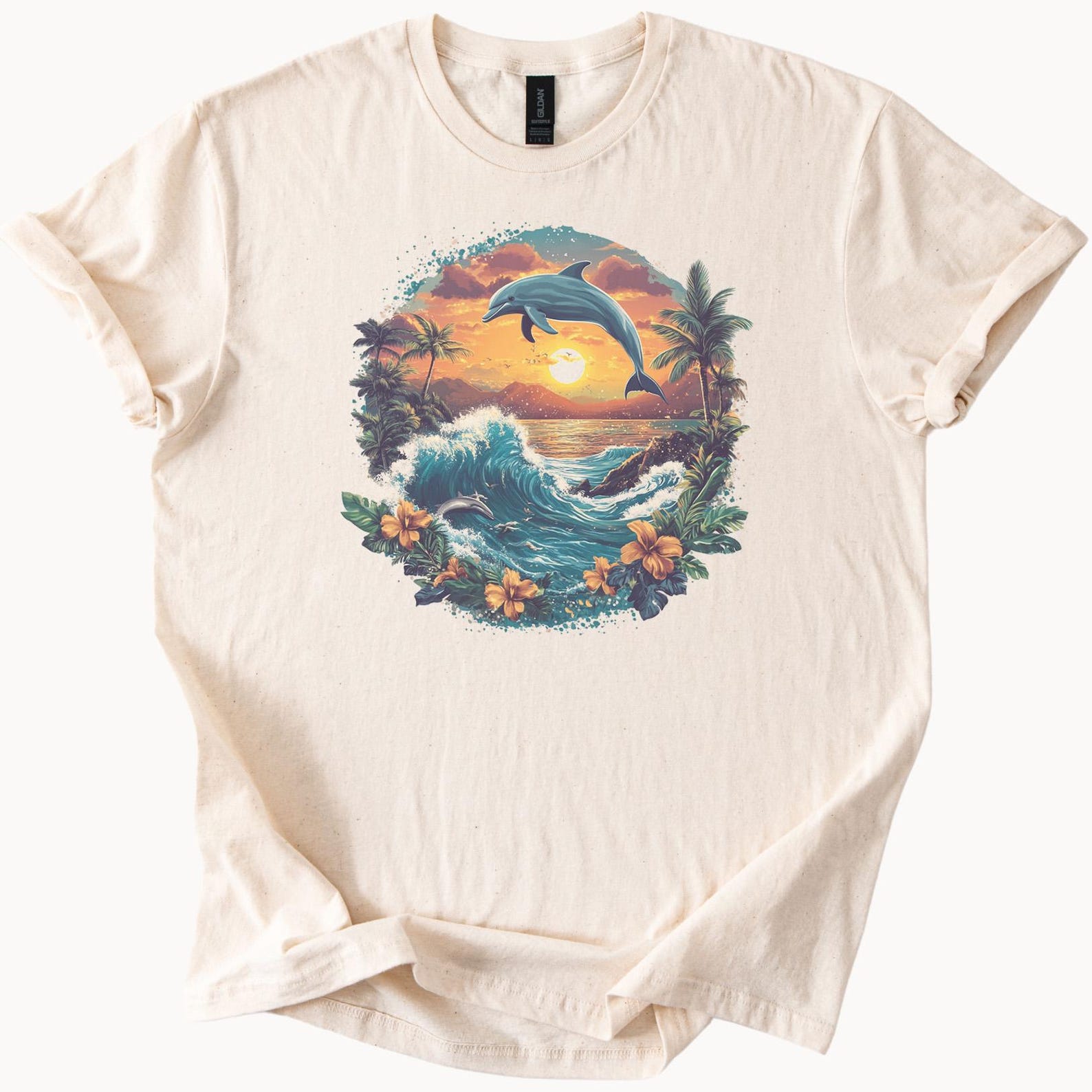 Dolphin Sunset Beach Graphic T Shirt Ocean Wave Palm Trees Tropical Flowers Summer Nature Art Tee 100