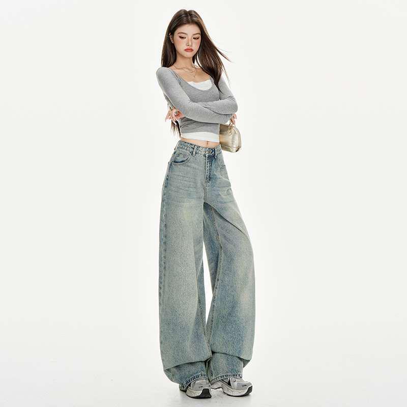 Retro Blue Distressed Denim Wide-Leg Pants for Women
