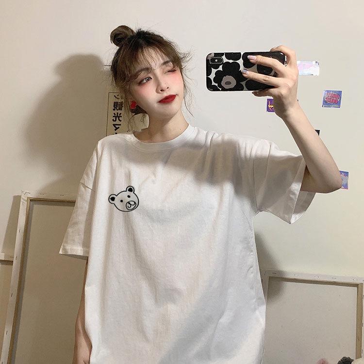Summer Korean version of the new simple and loose medium and long BF style bear print short-sleeved T-shirt top female student