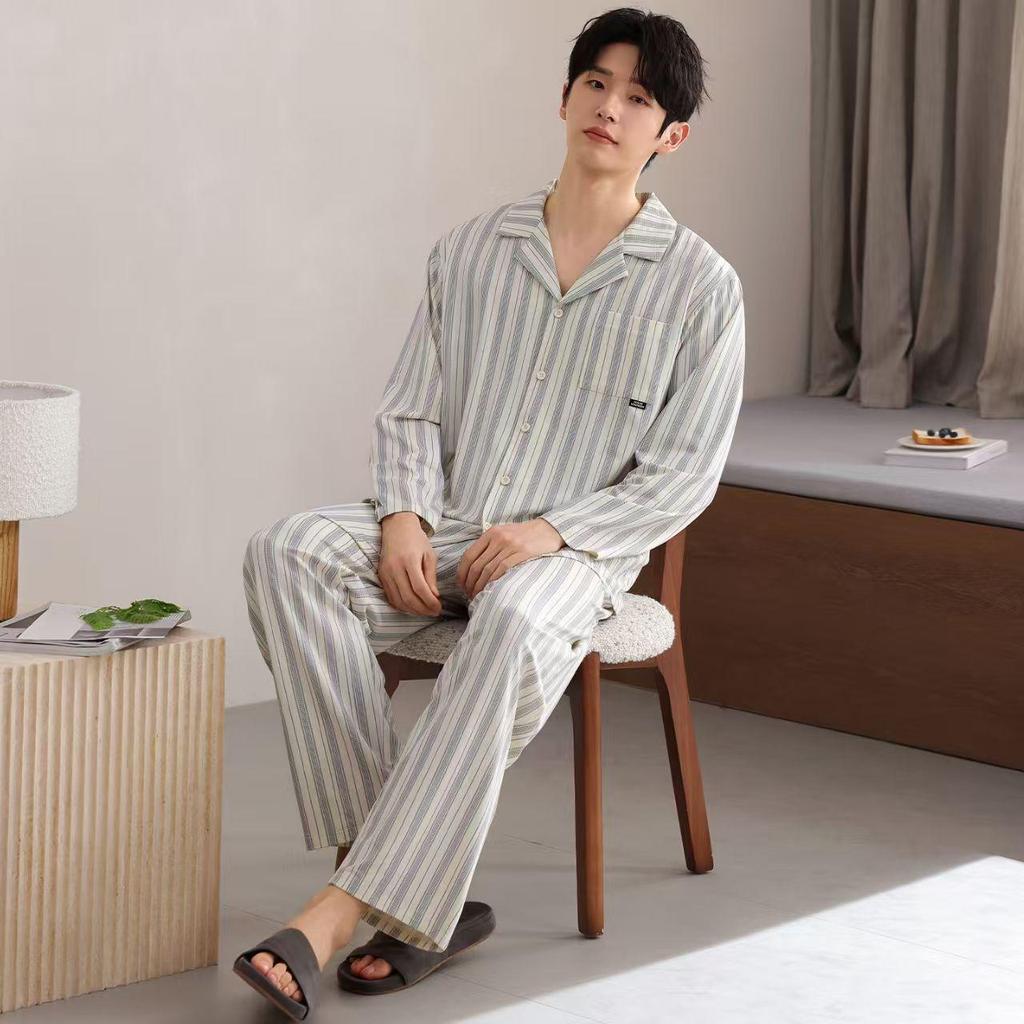 Herren Baumwoll-Pyjama-Set - Langarm & Hose, Lässiger lockerer Cardigan Nachtwäsche