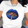 Blue Zipper Lips with Roses T-Shirt Edgy Floral Mouth Graphic Tee Cool Statement Print Short Sleeve Top