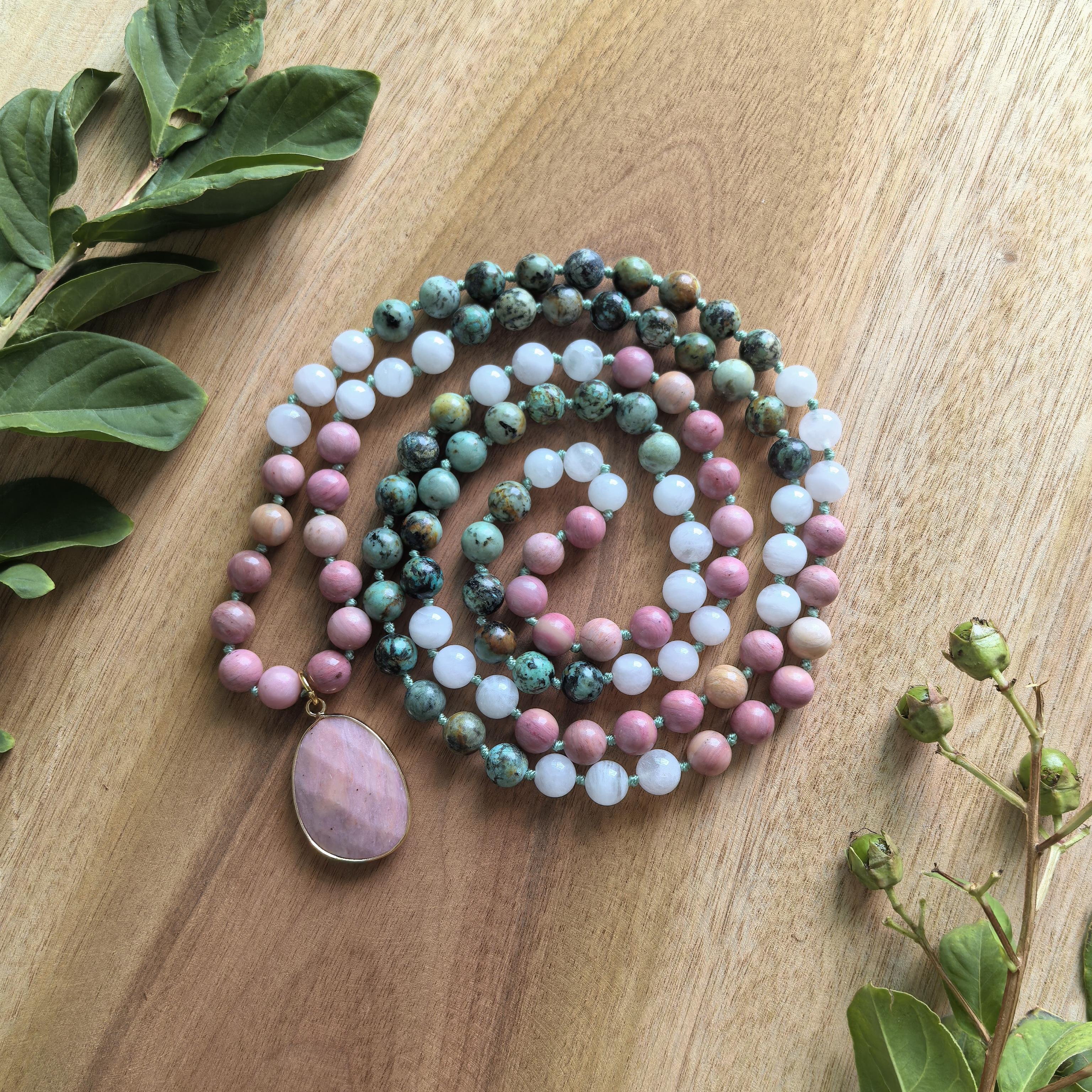 Madagascar Rose Quartz,African Turquoise Mala Necklace with Rhodonite Pendant,108 Hand Knotted Healing Meditation Yoga Beads