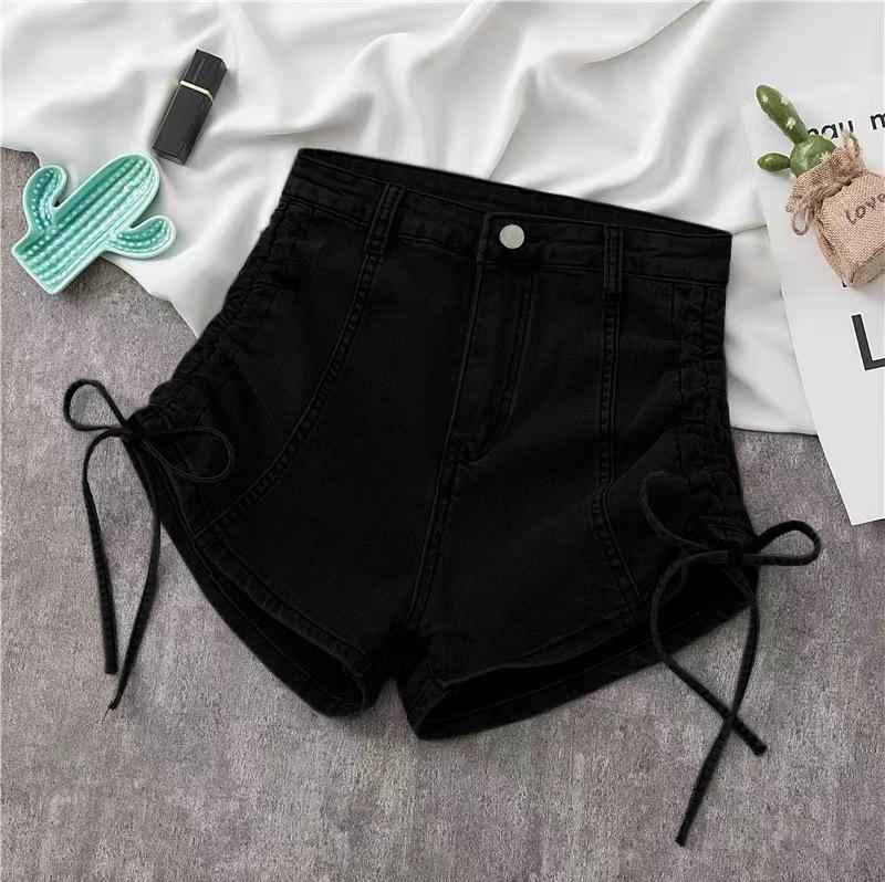 

Узкие модные и универсальные эластичные джинсовые шорты с высокой талией, женские летние облегающие брюки с завязками, брюки с широкими штанинами A Word M чёрный