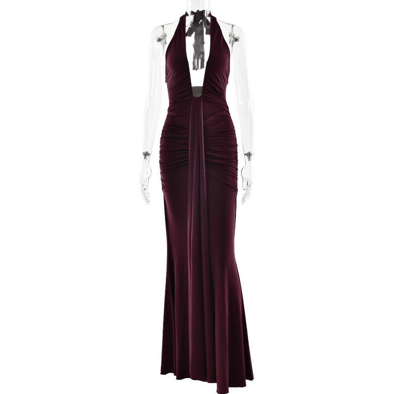 

Elsa European and American Women clothes Elegant Elegant Fashion Hanging Neck V-neck Backless Lace-up Pleated Long dress Dress Formal Dress Women Wine red M