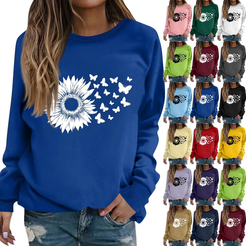 Women's Fashion Casual Long Sleeve Solid Color Printed Round Neck Top Sweatshirt