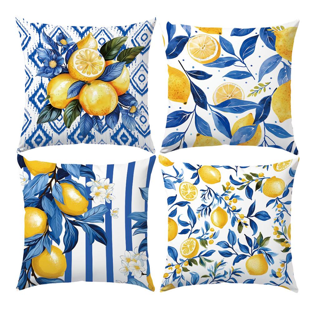 1/4pcs Coastal Blue Stripe Lemon Blossom Throw Pillow Cover Home Farmhouse Outdoor Decoration Cushion Cover