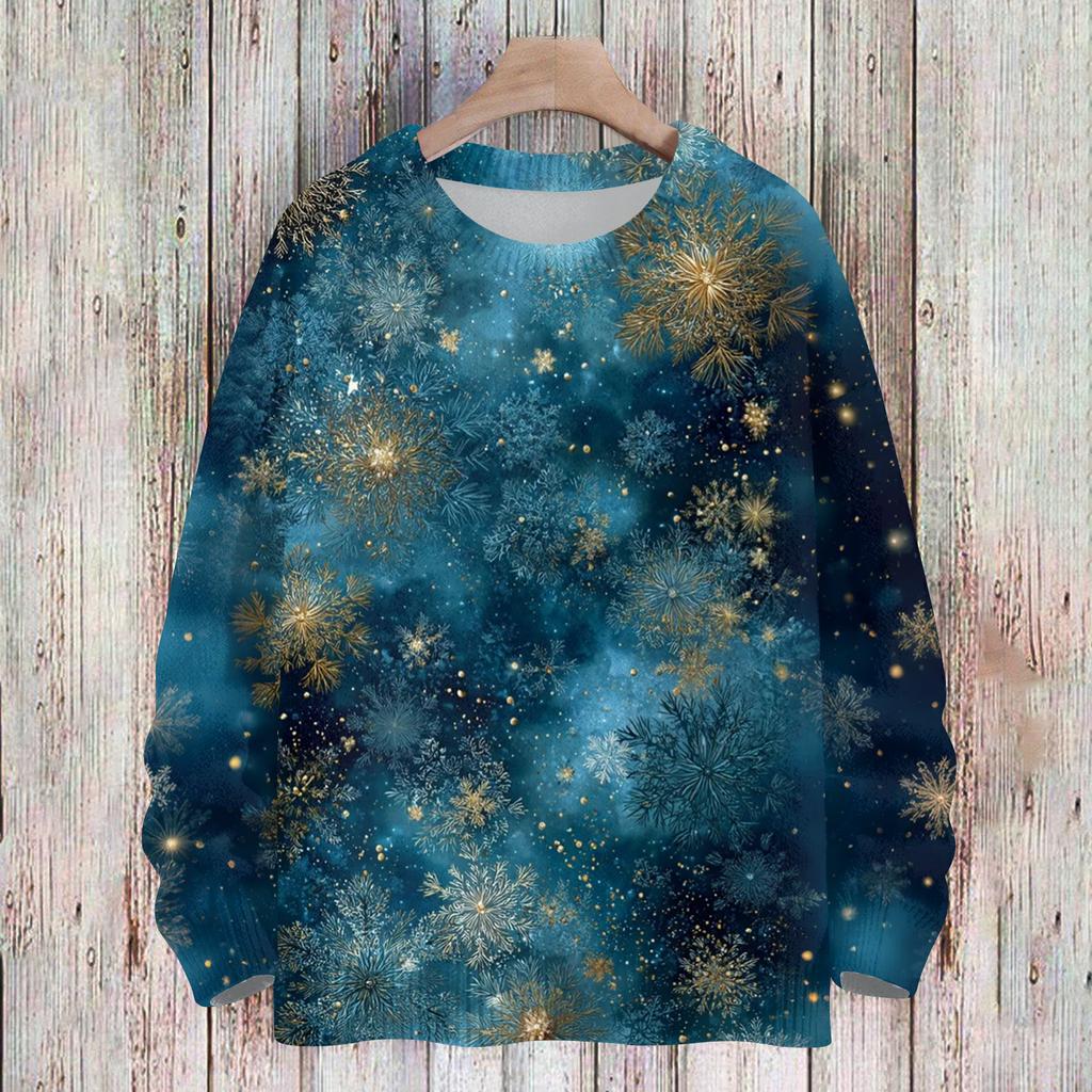 Ladies' Fashionable And Casual Christmas Cute Printed Round Neck Long Sleeved Knitted Yarn