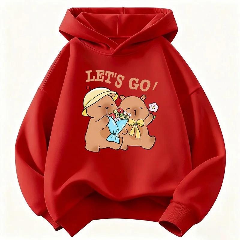 Fashion Kawaii Capybara Bow with Flower Kids Hooded Children's Sweatshirt Cute Hoody for Boys Girls Casual Hoodies Kids Clothing Top