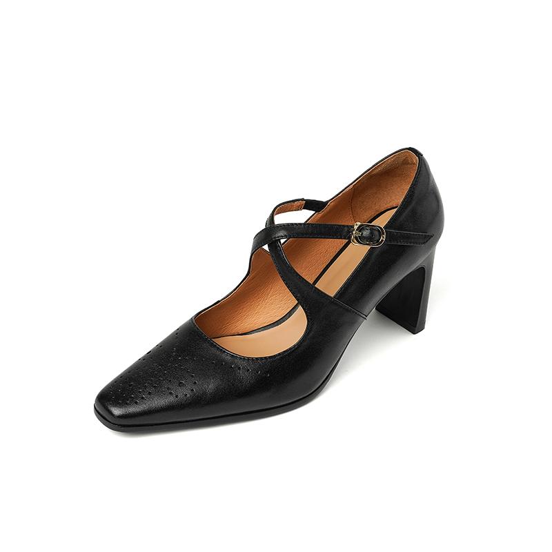 Fashion 2025 New Retro Style Women Pumps High Heels Mary Janes Shoes Woman Spring Genuine Leather Square Toe Casual Lady Party Shoes