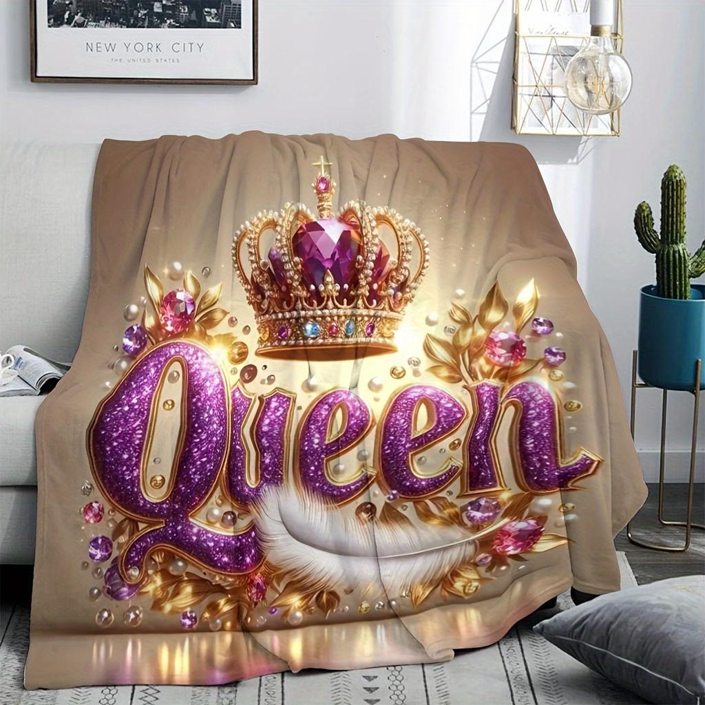 Contemporary Queen Crown Print Flannel Throw Blanket, Soft Warm Knitted Polyester Throw for Sofa, Office, Bed, Camping, T