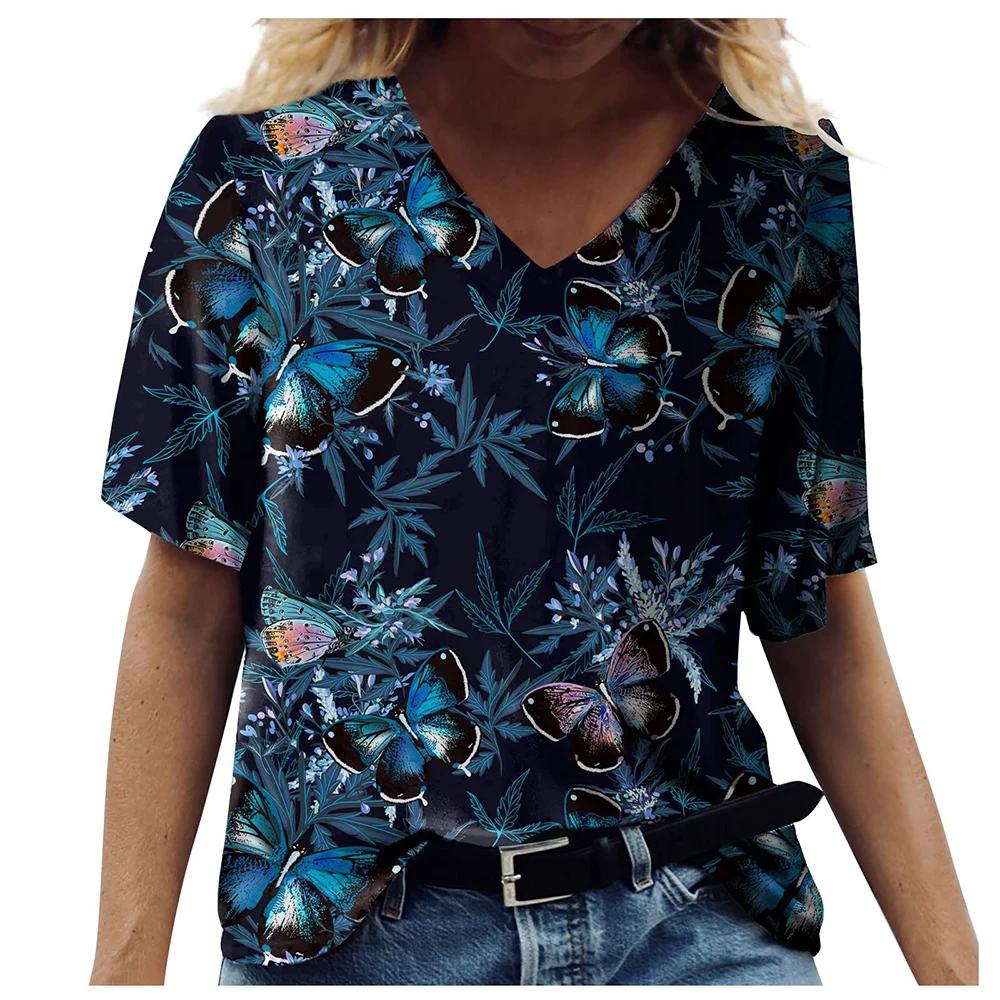 2024 Retro Women's V-Neck T-Shirt Short Sleeve Floral T-Shirt Casual Fashion Floral T-Shirt Street Korean Style Oversized Top