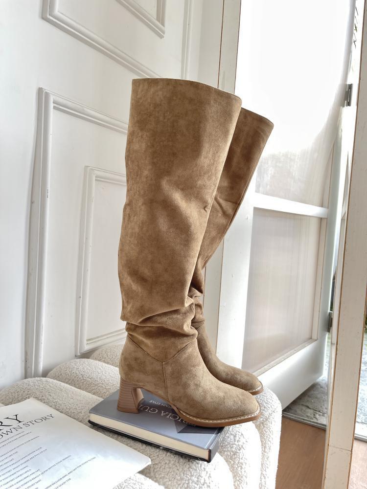 Big Tube Circumference Boots New Thin Stacking Boots Thick Heel High Boots High Heel Knight Boots Square Head Small Thick Leg Boots