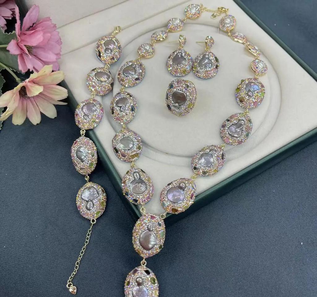 New European and American natural crystal inlaid ring earrings bracelet necklace fashionable and popular jewelry sets for women