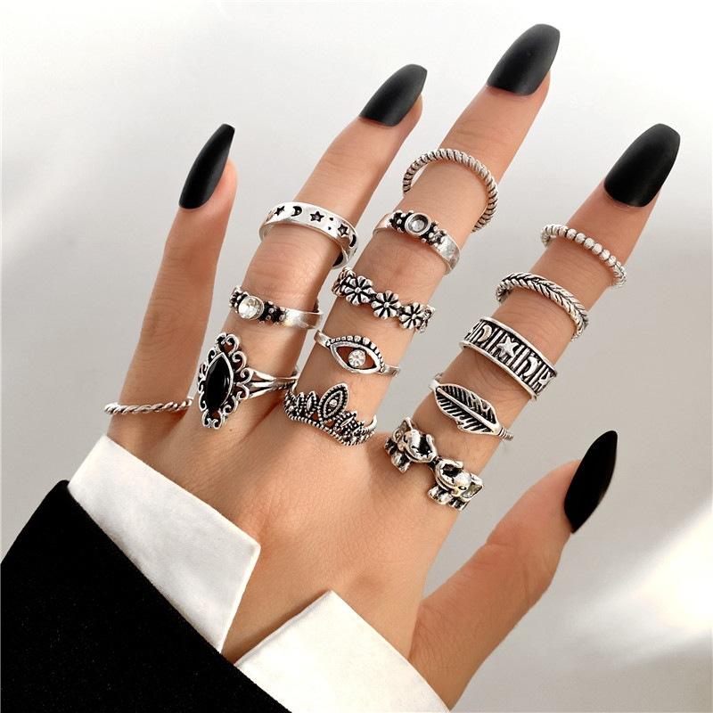 New dark hip-hop skull spider card exaggerated retro ring 24-piece set punk ring jewelry