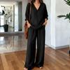 Women's V Neck Long Sleeve Top And Wide Leg Pants Set Casual Loose Two Piece Outfits For Spring Summer