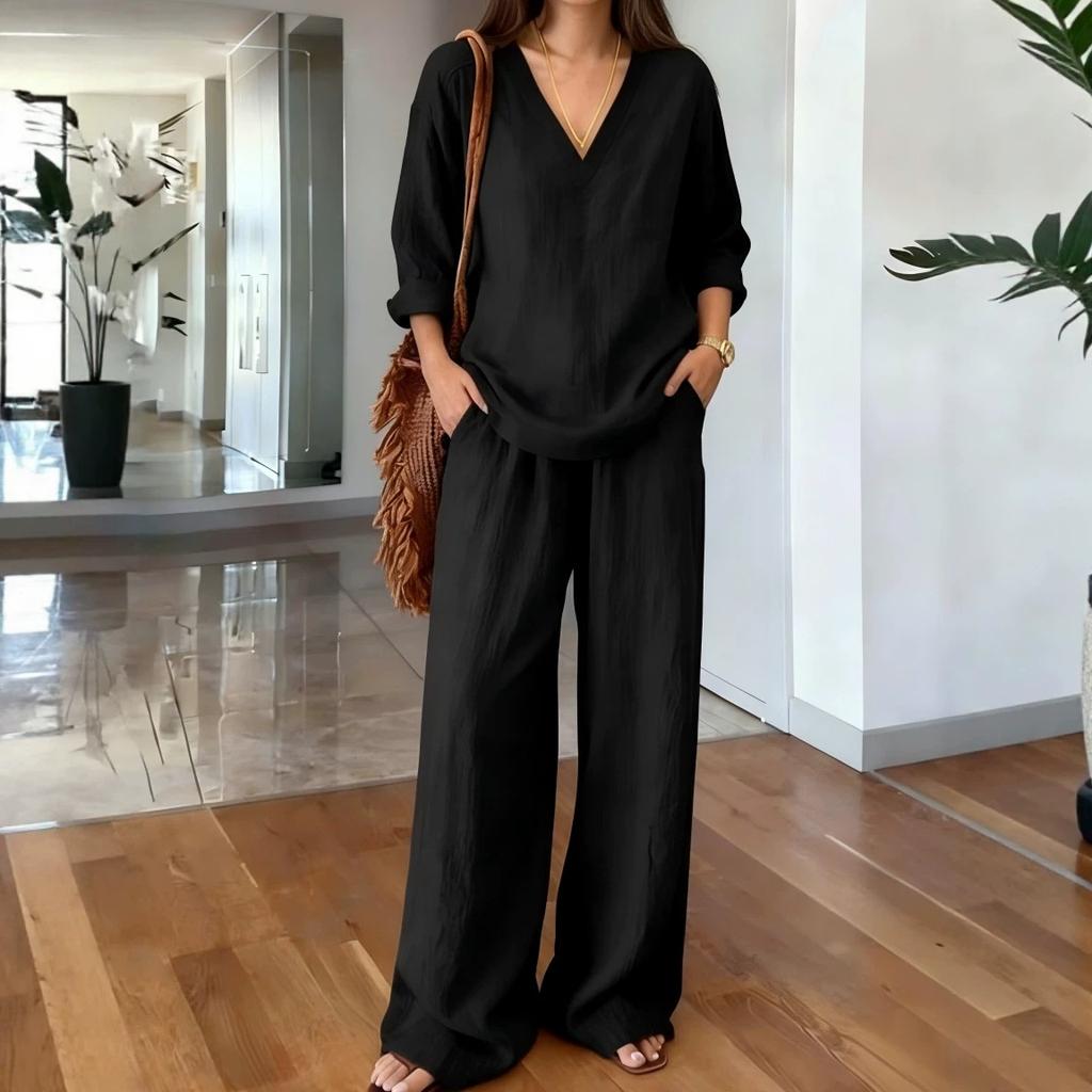 Women's V Neck Long Sleeve Top And Wide Leg Pants Set Casual Loose Two Piece Outfits For Spring Summer
