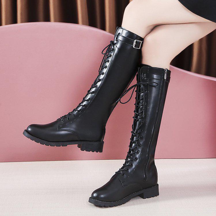 Classic Fashion Black Buckle Strap Women's Boots Winter Lace-Up Shoes Women High-Heeled Women Knee-High Long Tube Zipper Boots