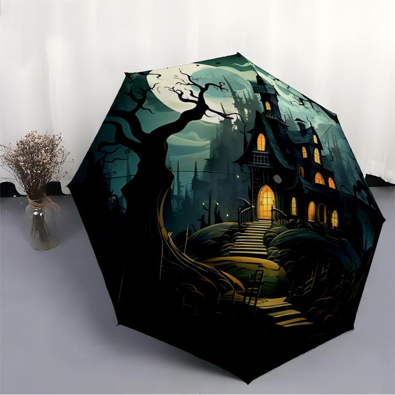 1pc Haunted House Moonlit Night Automatic Folding Umbrella, Lightweight Retractable Compact Travel Umbrella, 8-Rib Sturdy Frame103