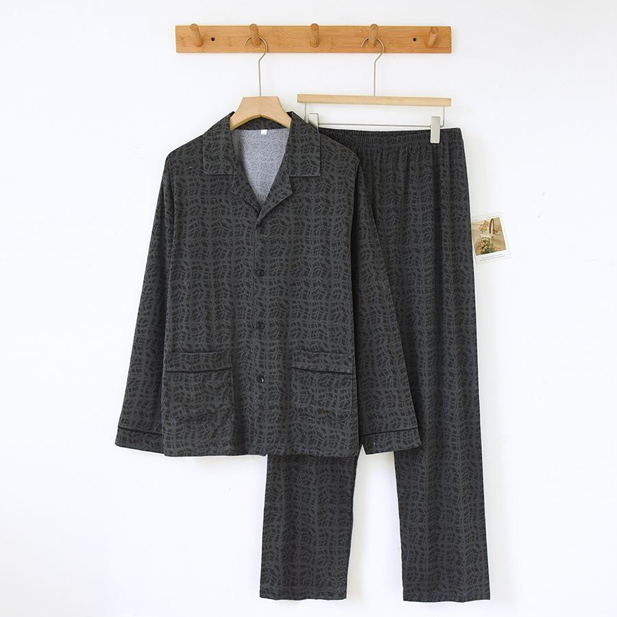 Men's Loose-Fit Pure Cotton Pajama Set: Long Sleeve Cardigan & Pants for Spring/Autumn