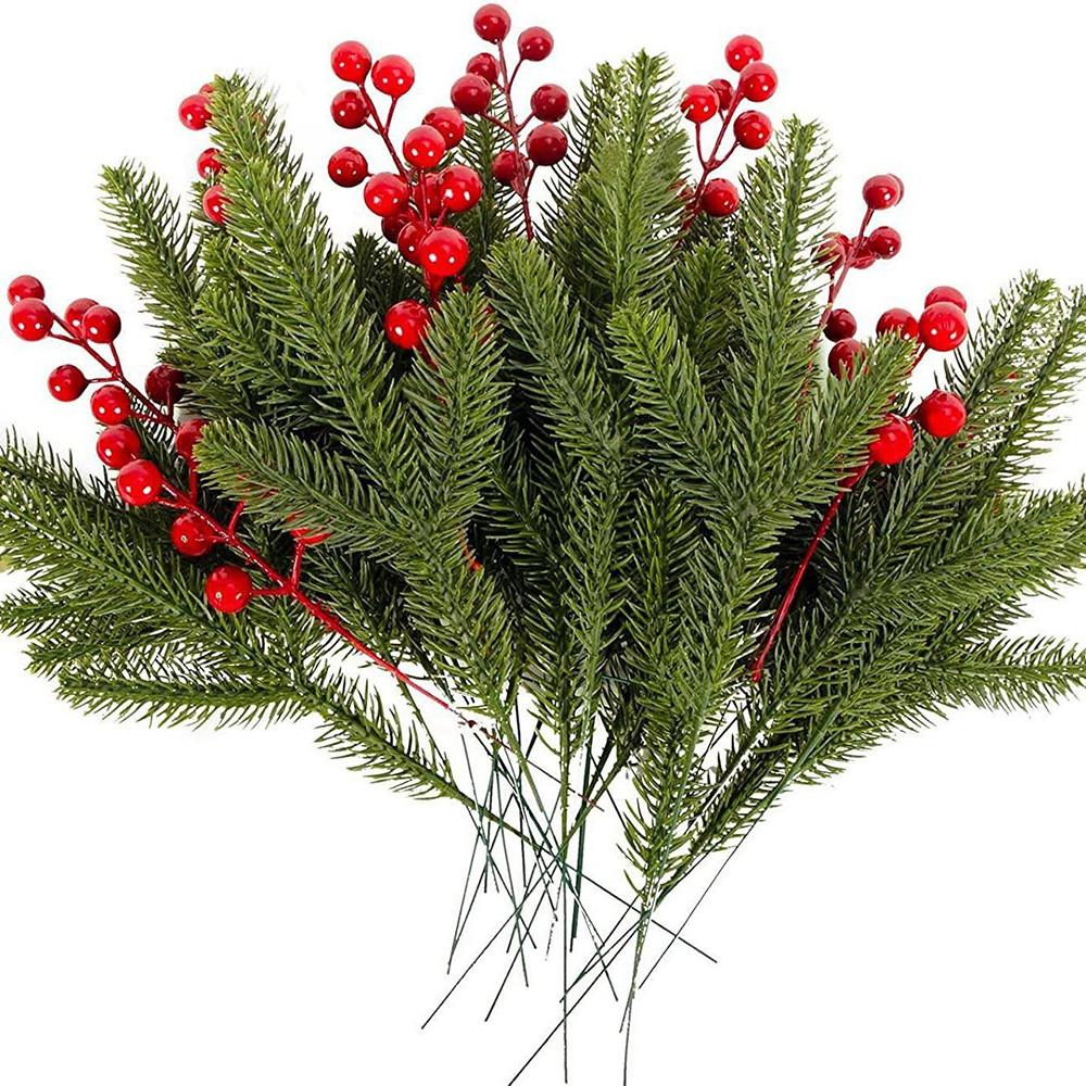 4Pcs Red Fruit+Leaves Christmas Decoration Artificial Pine Branches Holly Berries Red Berry Branches for Christmas Tree Wreath G