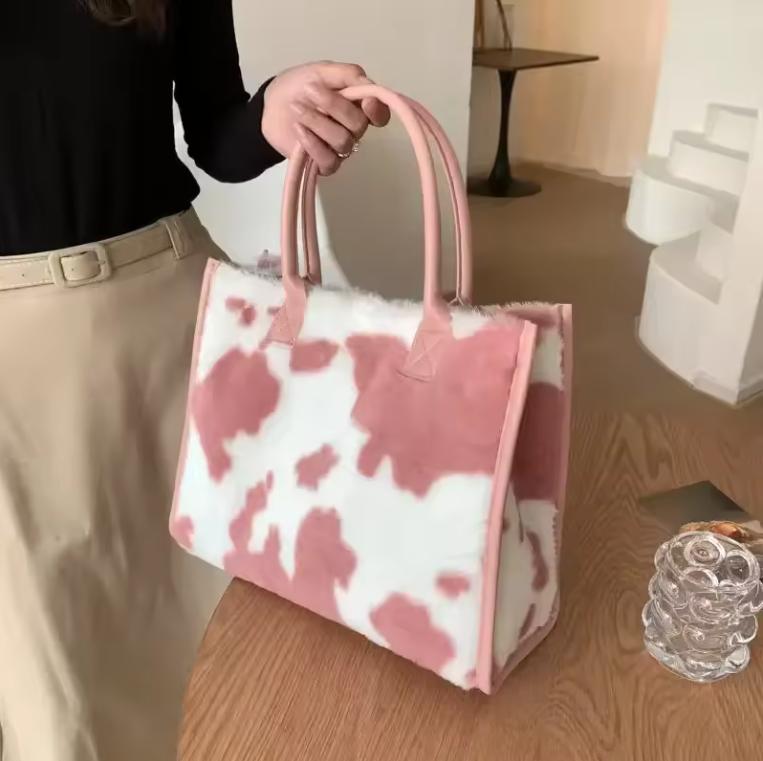 New Women Soft Plush Hand Bag New Winter Leopard Cow Print Tote Bags Female Pu Leather Underarm Bags Furry Fluffy Shoulder Bag