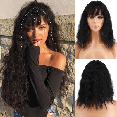 Women Natural Short Wavy Wig with Bangs Corn Perm Hair Extensions Cover White Hair Synthetic Fiber Wig Party Daily Use