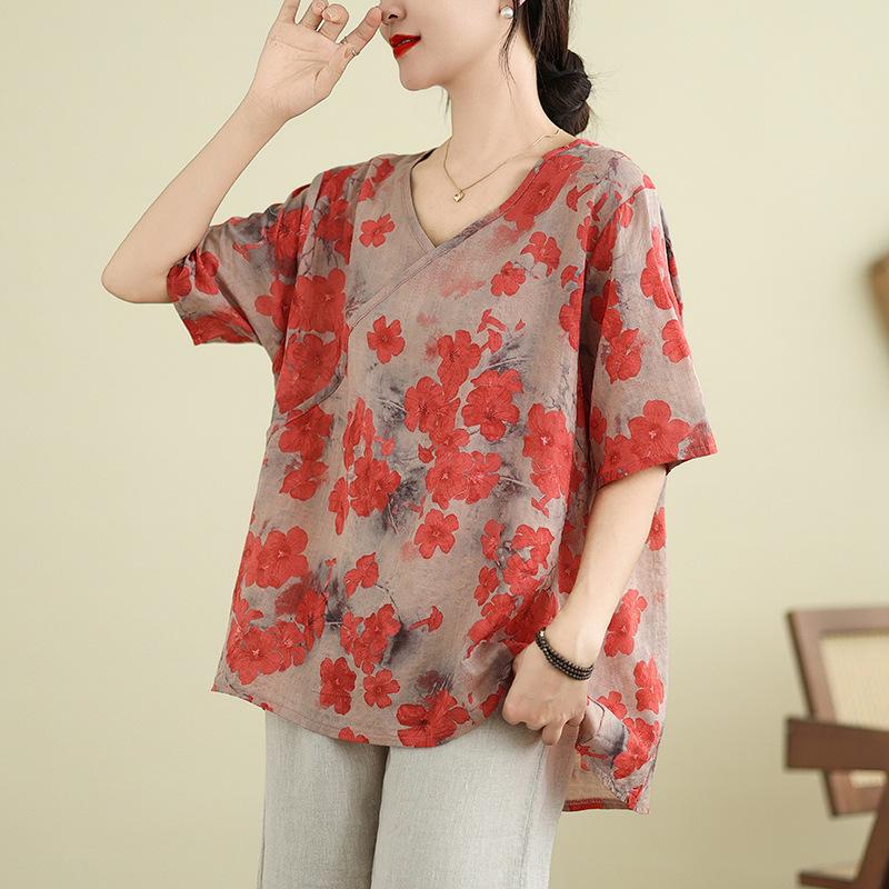 Large Size Women's Summer Thin Loose and Versatile Casual New Chinese V-neck Five-point Sleeve Top for Women