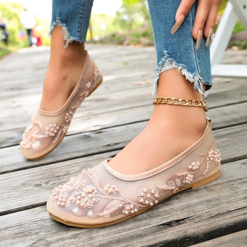 Women's Breathable Embroidered Mesh Flat Slip-On Shoes With Pearl Detail, Soft-Soled Casual Comfort Footwear.