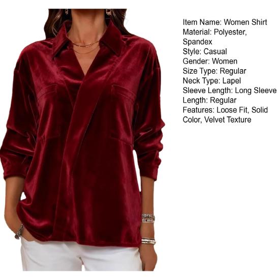 Damenhemd Revers Langarm Samttextur Einfarbig Pullover Tops Lockere Passform Pendler-Tops Arbeit Party Büro Freizeitkleidung