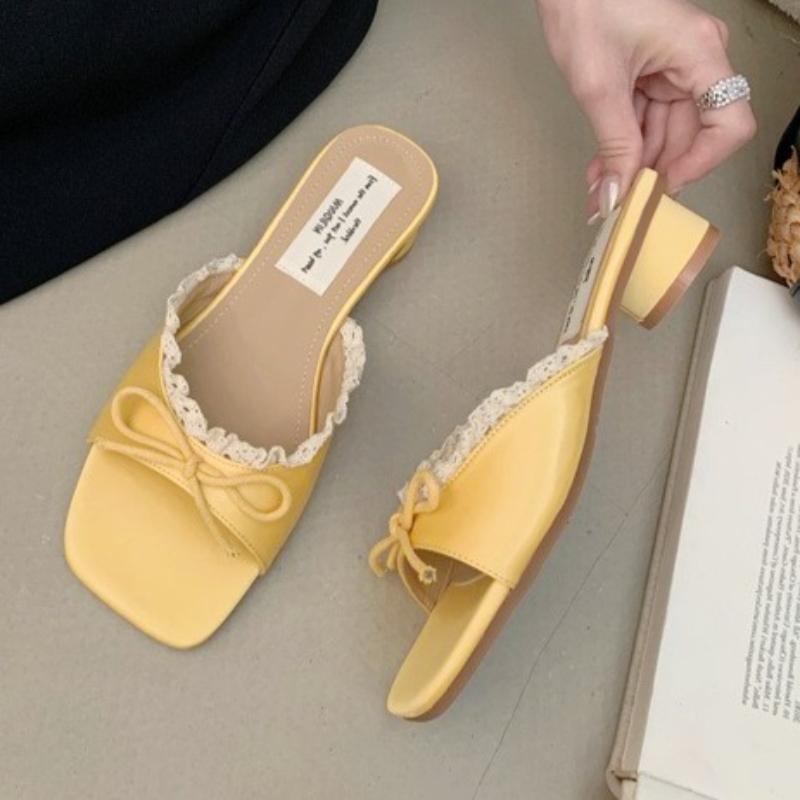 Fashion Elegant Lace Bow Embellished Brand Slippers Women Fashion Sexy Square Toe Open Toe Slide Sandals Sweet Sandalias Mujer De Verano
