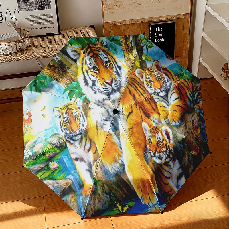 1pc cartoon tiger Umbrella Portable Folding Umbrella Iron Frame Hole Bone Structure Outdoor Home Umbrella