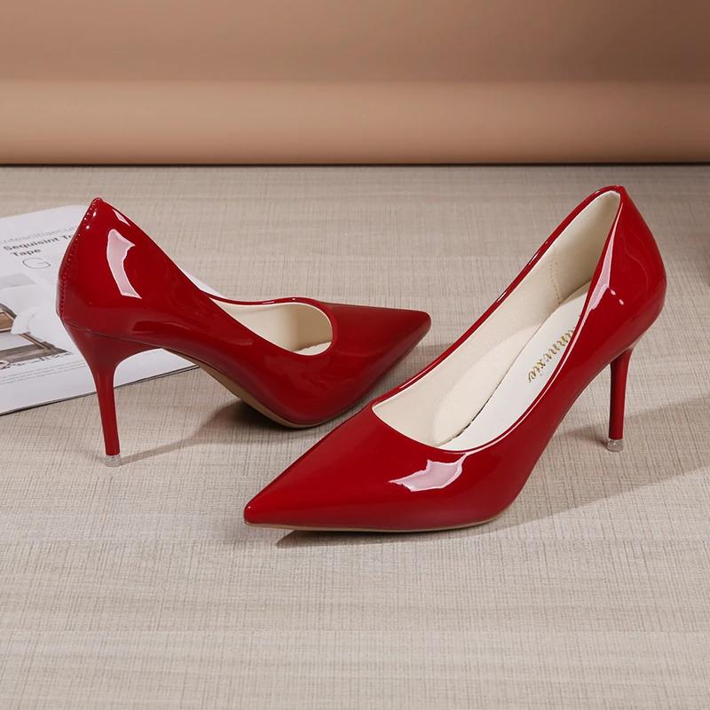 Shoes Woman 2025 Trend New Summer Red Heels Elegant Woman Black Heeled Pointed Toe Pumps Dress Leather White Ladies Shoe