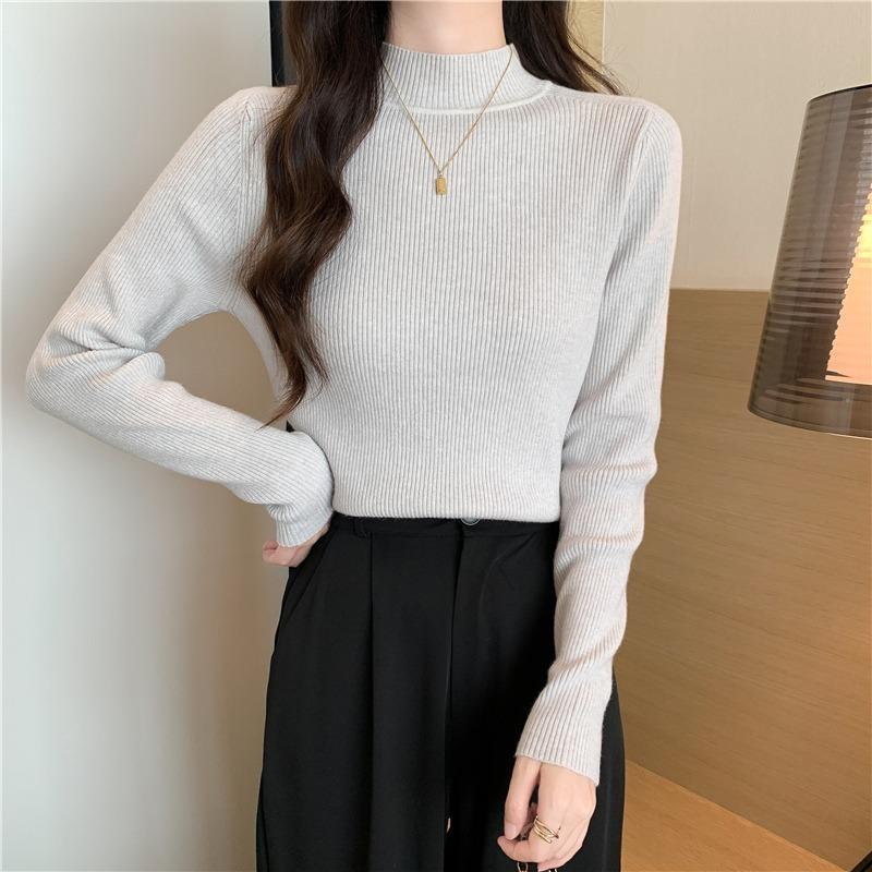 Fashion Solid Half High Neck Knitted Sweater Women Slim Fit Casual Elegant Pullover Sweaters Autumn and Winter Long Sleeve Knitwear Sweater Tops 24841