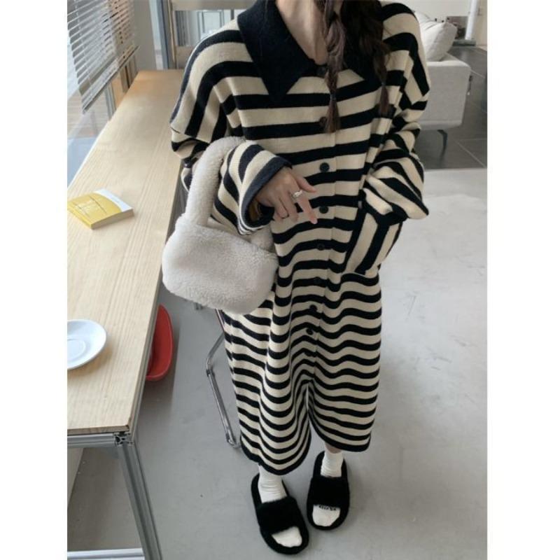 Lazy Wind Striped Knitted Dress Femininity Autumn New Retro Loose Medium and Long Sweater Skirt